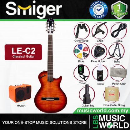Smiger LE-C2 Okoume Body Flamed Maple Top Silent Classical Guitar With Alice String - Package