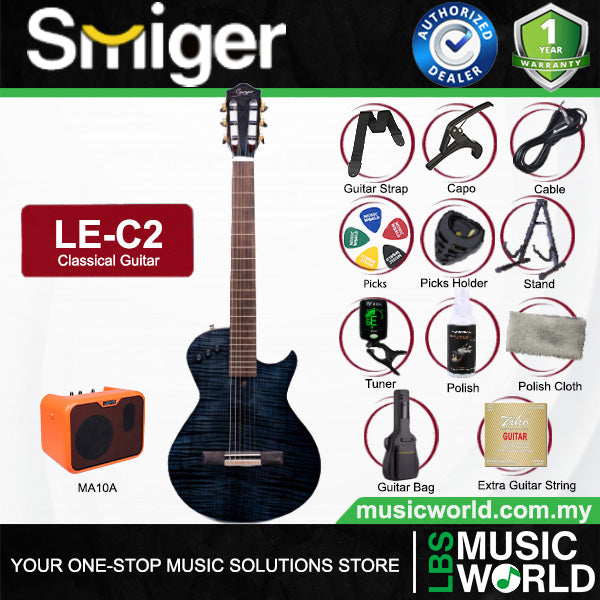 Smiger LE-C2 Okoume Body Flamed Maple Top Silent Classical Guitar With Alice String - Package