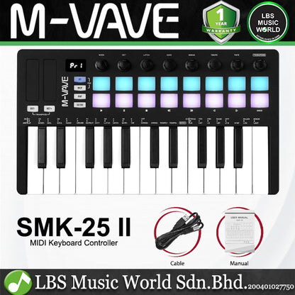M-VAVE SMK-25 II 25 Keys Midi Keyboard Controller with Built In Battery and 16 RGB Pads (SMK25 SMK 25)