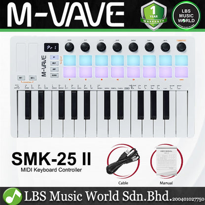 M-VAVE SMK-25 II 25 Keys Midi Keyboard Controller with Built In Battery and 16 RGB Pads (SMK25 SMK 25)