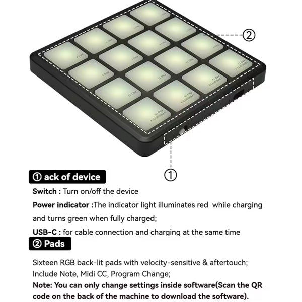 M-VAVE SMC-PAD Pocket Wireless MIDI Controller with 16 RGB
