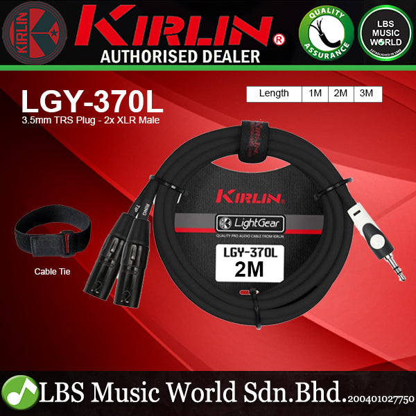 Kirlin LGY-370L 3.5mm TRS to Dual XLR Male Tip Ring LightGear Y Cable Adapter- 2 Meter Black (LGY370L)