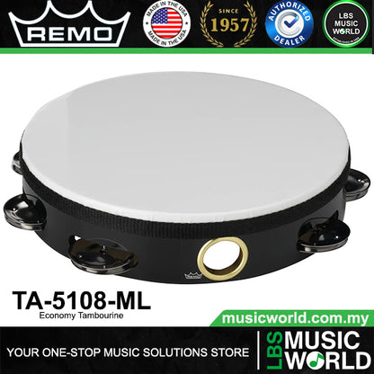 Remo Economy Tambourine Single Row Jingles with Quadora Black - 6" 8" (TA5106ML TA5108ML)