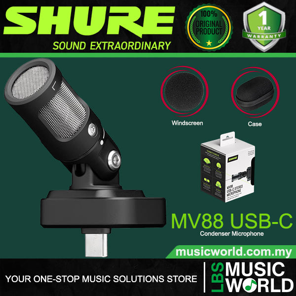 Shure MV88 USB-C Stereo Condenser Microphone Multi Pattern Mic with Onboard DSP and Accessories