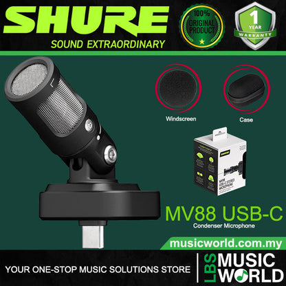 Shure MV88 USB-C Stereo Condenser Microphone Multi Pattern Mic with Onboard DSP and Accessories