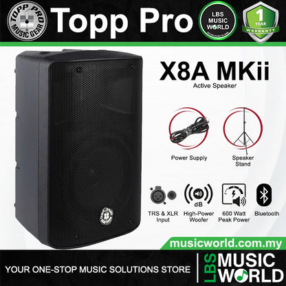 Topp Pro X8A MKII 600 Watts 8 Inch 2 Way Bluetooth Active Loudspeaker with Speaker Stand Package