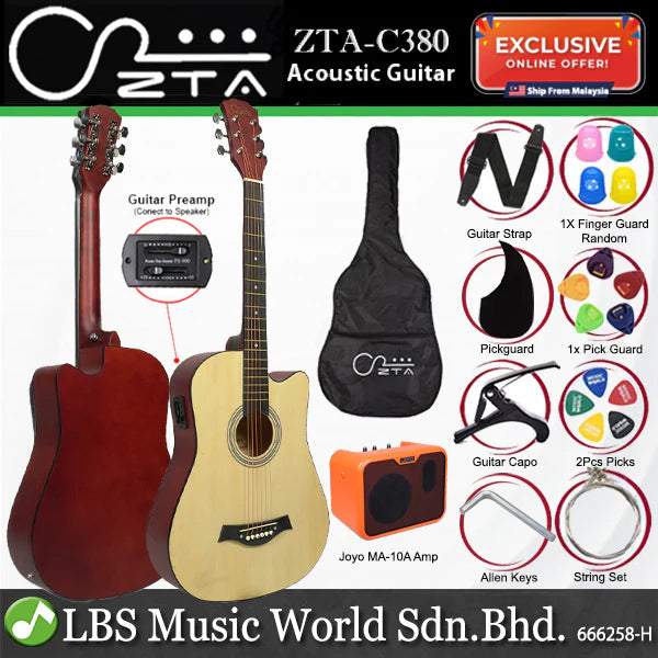 ZTA 38 Inch Acoustic Guitar Sunburst EQ Pickup Cutaway Starter Pack Folk Guitar Bundle With Plug In Amp Equalizer and MA10A Amplifier
