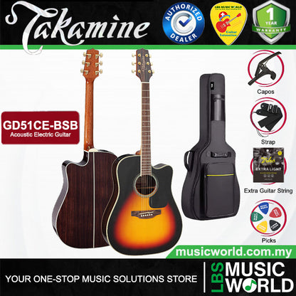 Takamine GD51CE-BSB Cutaway Dreadnought Solid Spruce Top Acoustic Electric Guitar with Bag - Brown Sunburst