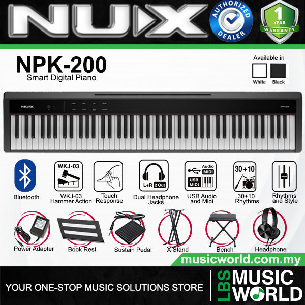 NUX NPK-200 88 Key Digital Piano Wooden Stand 3 Pedal Bench Weighted Keyboard - Top Package (NPK200)