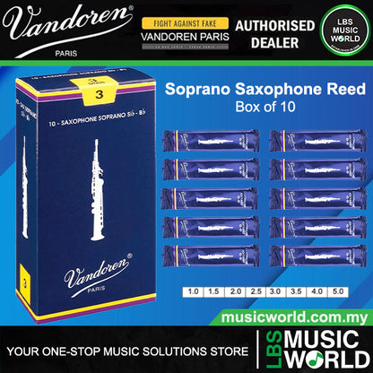 Vandoren Paris Soprano Saxophone Traditional Reed Box of 10 - 1.0/ 1.5/ 2.0/ 2.5/ 3.0/ 3.5/ 4.0/ 4.5/ 5.0