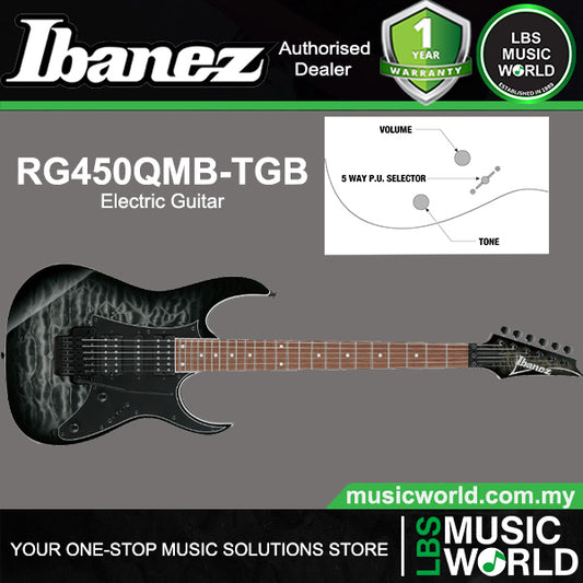 Ibanez RG450QMB Meranti Body Jatoba Fretboard Electric Guitar with HSH Pickup - Transparent Gray Burst