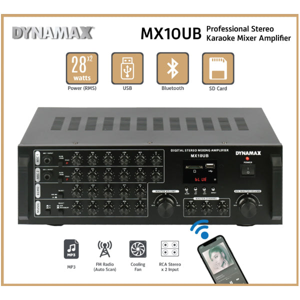 Dynamax MX10UB 28W x 2 Karaoke Mixer Amplifier with Bluetooth USB SD Card