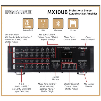 Dynamax MX10UB 28W x 2 Karaoke Mixer Amplifier with Bluetooth USB SD Card