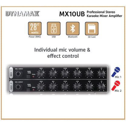 Dynamax MX10UB 28W x 2 Karaoke Mixer Amplifier with Bluetooth USB SD Card