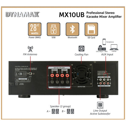 Dynamax MX10UB 28W x 2 Karaoke Mixer Amplifier with Bluetooth USB SD Card