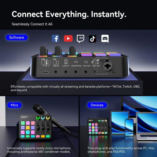 OneOdio Solocaster Multi Channel Portable Podcast Audio Interface Mixer with Live Streaming and Bluetooth