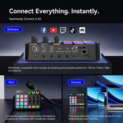 OneOdio Solocaster Multi Channel Portable Podcast Audio Interface Mixer with Live Streaming and Bluetooth