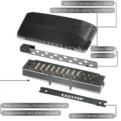 Easttop ET-12 12 Hole Chromatic Harmonica in C Key - Black (ET12)
