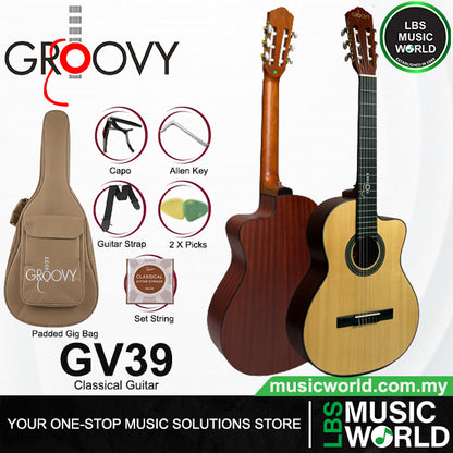 Groovy GV39 39 Inch Cutaway Spruce Top Classical Guitar with Nylon Strings