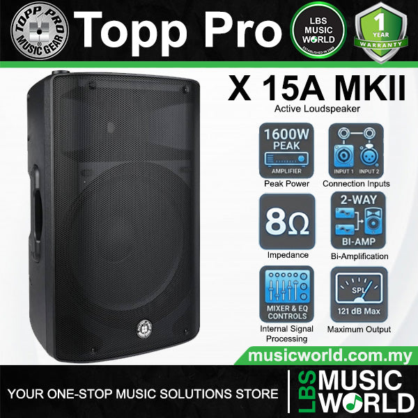 Topp Pro X15A MKII 15 Inch 1600 Watt 2 Way Active Ported Powered Loudspeaker Built in Bluetooth