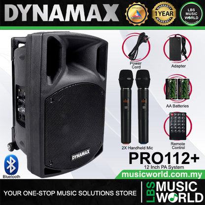 Dynamax PRO112+ 400 Watt 12 Inch Active Bluetooth Speaker System with 2 Wireless Handheld Microphone