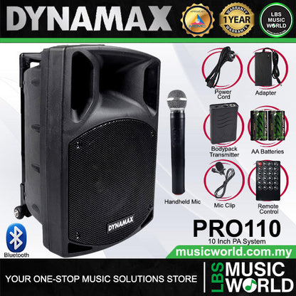 Dynamax PRO110 250 Watt 10 Inch Active Bluetooth Speaker System with 2 Wireless Handheld Microphone