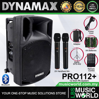Dynamax PRO112+ 400 Watt 12 Inch Active Bluetooth Speaker System with 2 Wireless Handheld Microphone