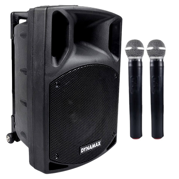 Dynamax PRO110 250 Watt 10 Inch Active Bluetooth Speaker System with 2 Wireless Handheld Microphone