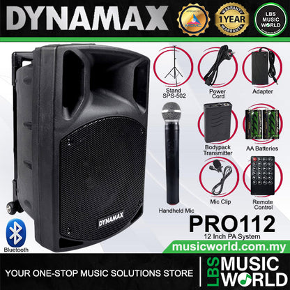 Dynamax PRO112 400 Watt 12 Inch Active Bluetooth Speaker System with 2 Wireless Handheld Microphone
