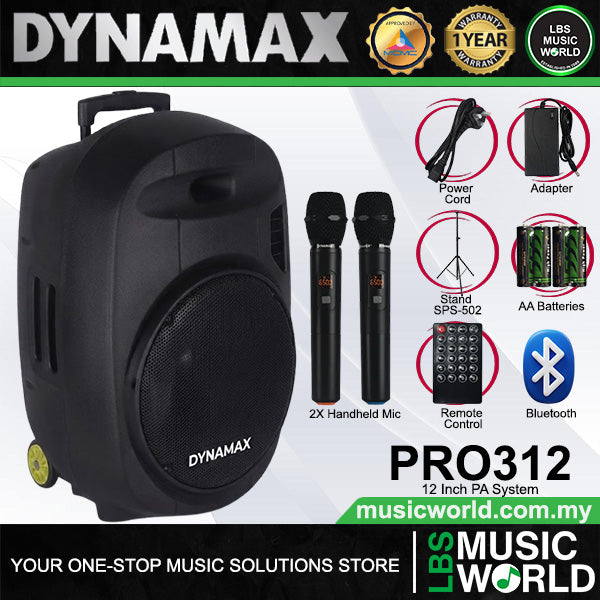 Dynamax PRO312 120 Watt 12 Inch Active Bluetooth Speaker System with 2 Wireless Handheld Microphone