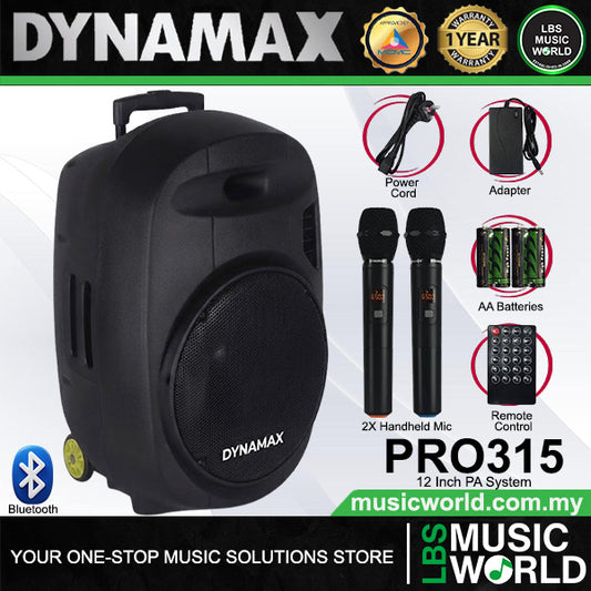 Dynamax PRO315 180 Watt 15 Inch Active Bluetooth Speaker System with 2 Wireless Handheld Microphone
