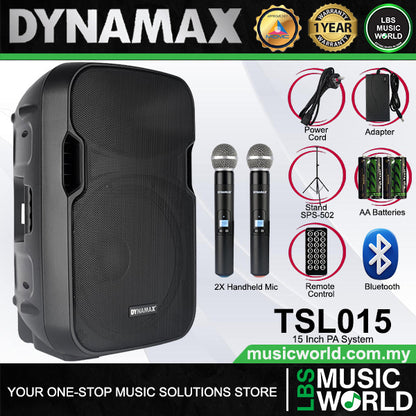 Dynamax TSL015 120 Watt 15 Inch Active Bluetooth Speaker System with 2 Wireless Handheld Microphone