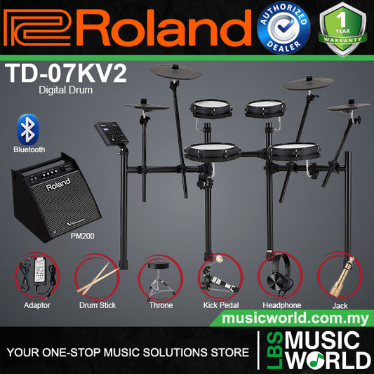 Roland TD-07KV2 5 Pieces Electronic Drum Kit V-Drum Set With Package and PM200 Amplifier