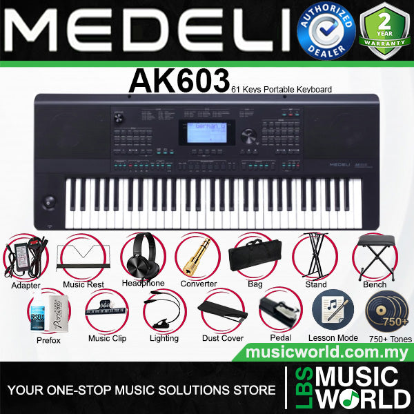 Medeli AK603 61 Keys Professional Arranger Workstation Keyboard with Complete Full Package - Black
