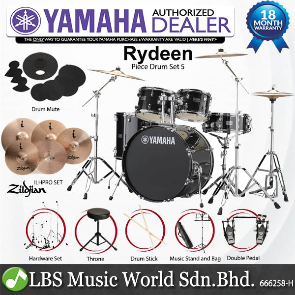Yamaha Rydeen RDP2F5 5 Piece Acoustic Drum Set With Cymbal Package and Double Pedal - Black