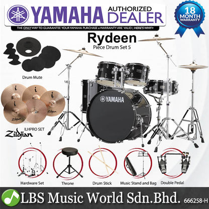 Yamaha Rydeen RDP2F5 5 Piece Acoustic Drum Set With Cymbal Package and Double Pedal - Black