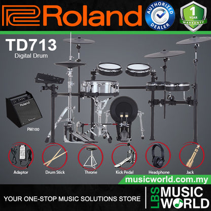 Roland TD713 Digital Electronic V-Drums 7 Series Kit Package with Studio Monitor Amplifier