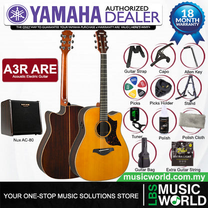 Yamaha A3R ARE 41 Inch Dreadnought Cutaway Solid Sitka Spruce Top Acoustic Electric Guitar - Vintage Natural