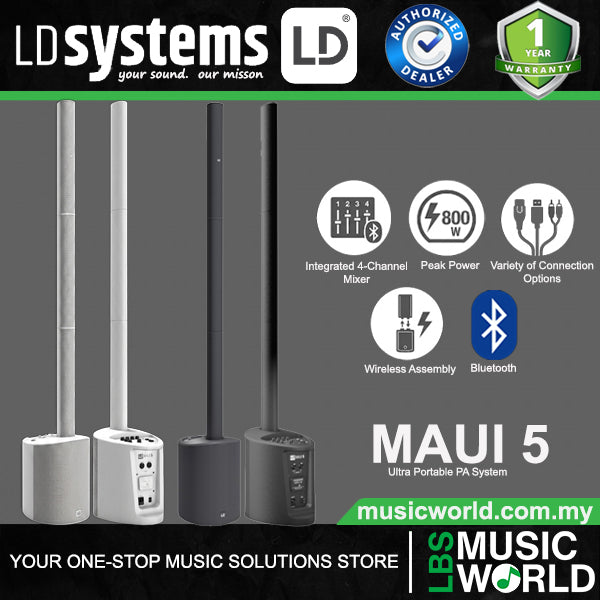 LD Systems MAUI 5 800 Watt Ultra Portable Column PA System with Mixer and Bluetooth (LDMAUI5 LDMAUI5W)