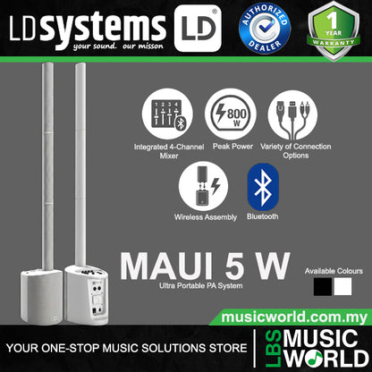 LD Systems MAUI 5 800 Watt Ultra Portable Column PA System with Mixer and Bluetooth (LDMAUI5 LDMAUI5W)