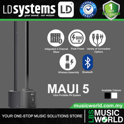LD Systems MAUI 5 800 Watt Ultra Portable Column PA System with Mixer and Bluetooth (LDMAUI5 LDMAUI5W)