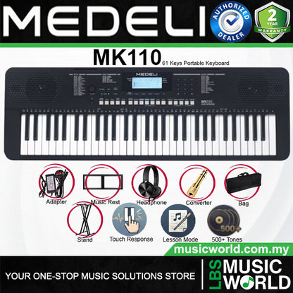 Medeli MK110 61 Keys Portable Keyboard Complete Package with Original Adapter - Black