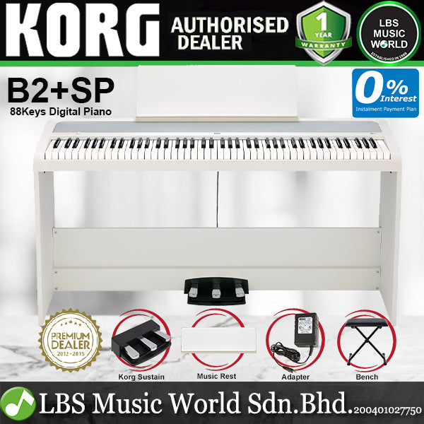 Korg B2+SP 88 Key Digital Piano Built In Speaker Package with Stand and Three Pedal White (B2 Plus)