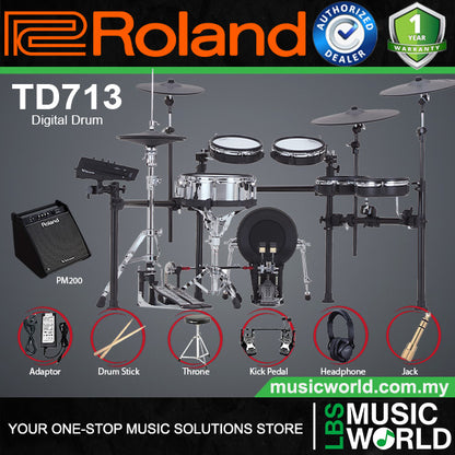 Roland TD713 Digital Electronic V-Drums 7 Series Kit Package with Studio Monitor Amplifier