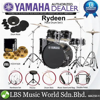 Yamaha Rydeen RDP2F5 5 Piece Acoustic Drum Set With Cymbal Package and Double Pedal - Black