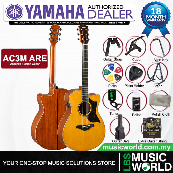 Yamaha AC3M ARE 41 Inch Concert Cutaway Solid Sitka Spruce Top Acoustic Electric Guitar With Pickup - Vintage Natural