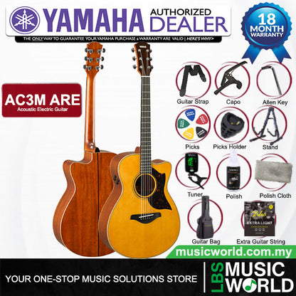 Yamaha AC3M ARE 41 Inch Concert Cutaway Solid Sitka Spruce Top Acoustic Electric Guitar With Pickup - Vintage Natural