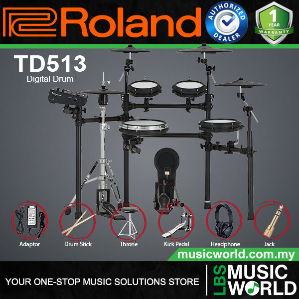 Roland TD513 Digital Electronic V-Drums Kit 5 Series Package with Expandable V51 Module