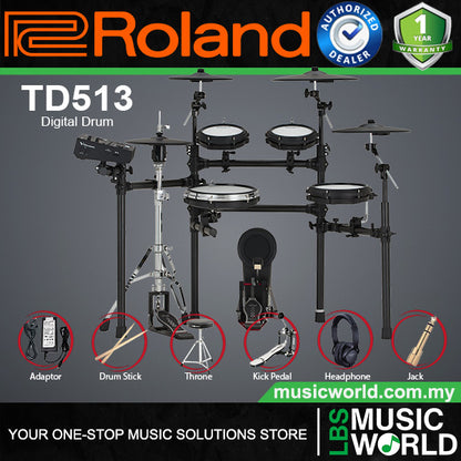 Roland TD513 Digital Electronic V-Drums Kit 5 Series Package with Expandable V51 Module