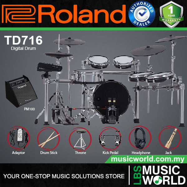 Roland TD716 Digital Electronic V-Drums 7 Series Kit Set Package with Pedal and Amplifier